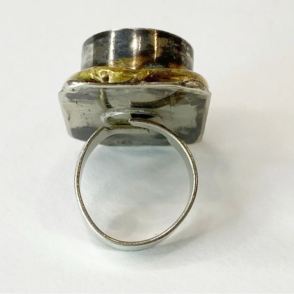 Vintage Latappy French Brutalist Mixed Metal Resin Statement Ring Adjustable HTF